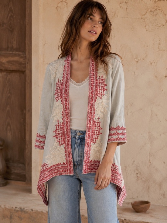Johnny Was Sweaters - Johnny Was Camille Draped Cardigan Embroidered Natural Linen Gray Pink Size M